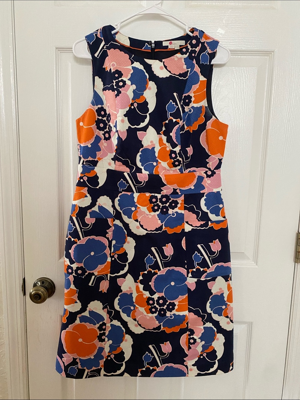 Boden Navy Floral Sheath Dress with Pink & Orange Blooms